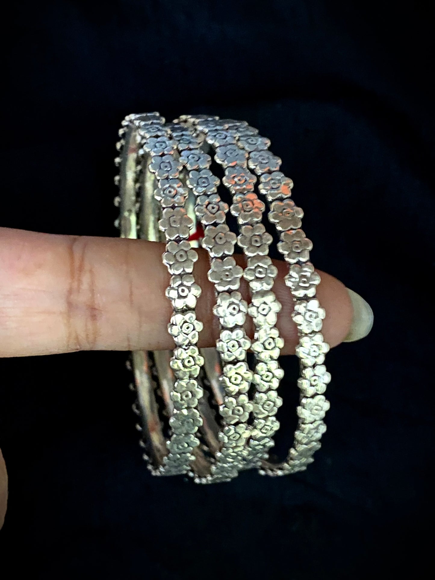Flower - Flower Pattern Silver Bangle (Pair)