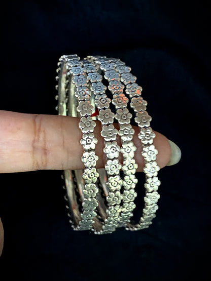 Flower - Flower Pattern Silver Bangle (Pair)