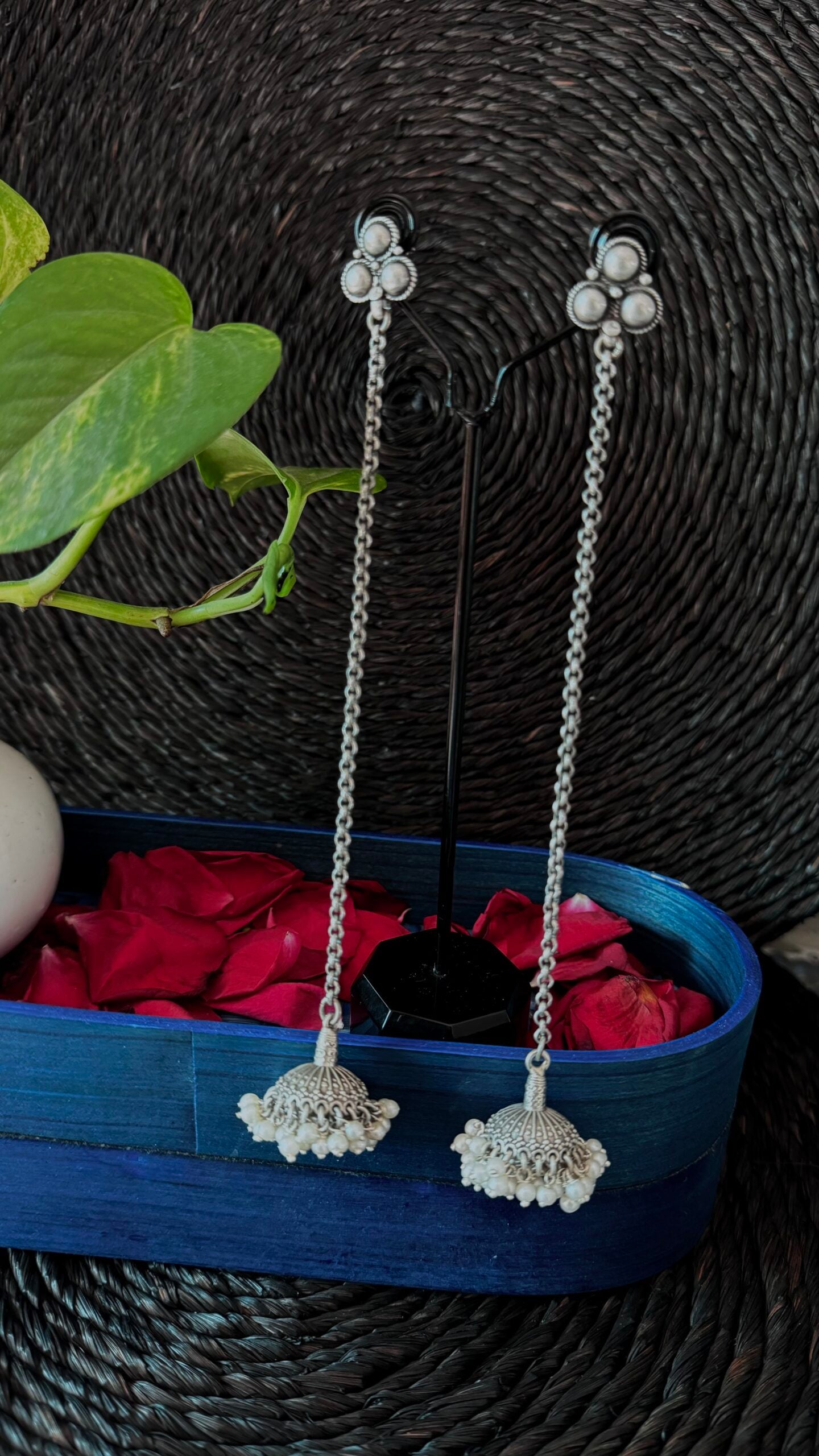 "Dejhoor" : Draped in Kashmir's charm, these Silver Pearl Long Jhumkas echo the essence of Dejhoor simplicity.