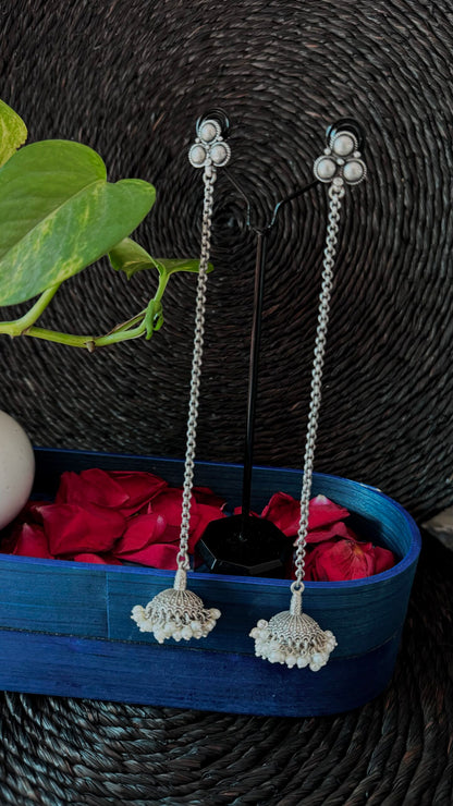 "Dejhoor" : Draped in Kashmir's charm, these Silver Pearl Long Jhumkas echo the essence of Dejhoor simplicity.
