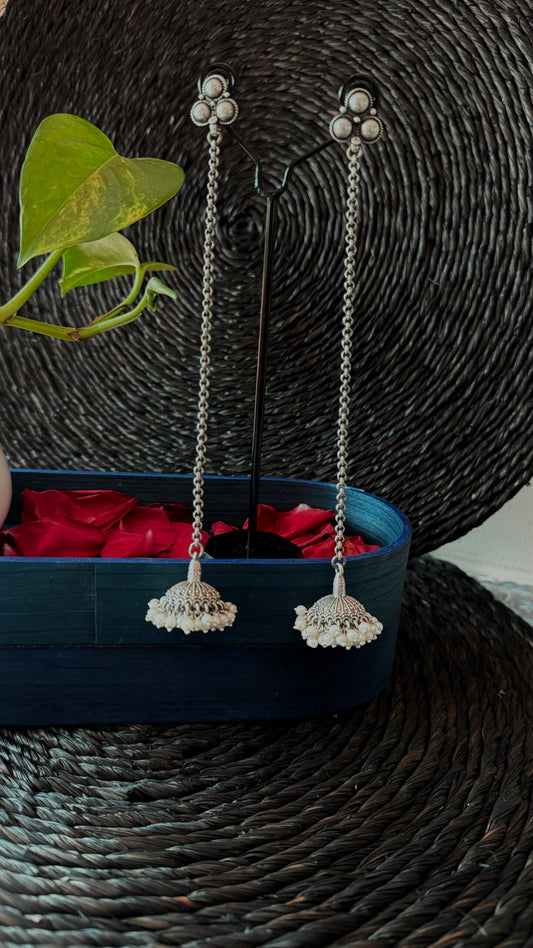 "Dejhoor" : Draped in Kashmir's charm, these Silver Pearl Long Jhumkas echo the essence of Dejhoor simplicity.